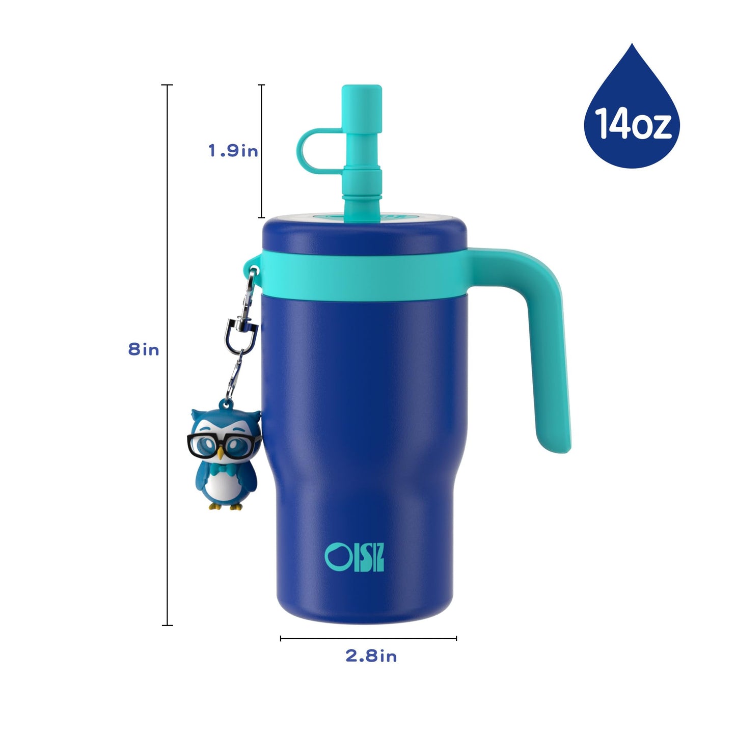 OISIZ 14oz Kids Tumbler with Straw Lid & Handle,Kids Cup with Animal Accessory for School,Kids Water Bottles with Dust-proof Cover,Leakproof Water Bottles,316 Stainless Steel,Keep Cold 24 Hours-blue