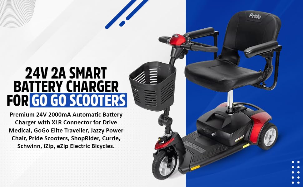 24V 2A Battery Charger for GoGo Mobility Scooter - Premium 24V 2000mA Quick Charger (3-Pin XLR Connector) for Drive Medical, Go-Go Elite Traveller, Jazzy Power Chair, Pride Mobility, ShopRider, Ezip