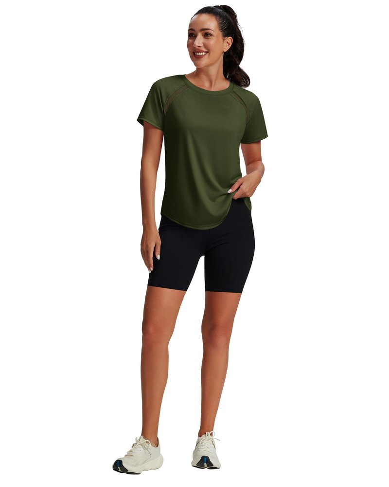 NIASHOT Rash Guard for Women Short Sleeve Uv Protection Shirts Running Moisture Wicking Summer Tops Fitness Yoga Gym Clothes Army Green XL