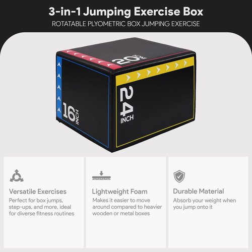 OLIXIS 3-in-1 Plyo Jumping Exercise Box Home Gym Workout Trainer, Non-Slip Multi-Use Cushioned Plyometric Jump Box for Conditioning, Strength Training 24 x 20 x 16 Inch