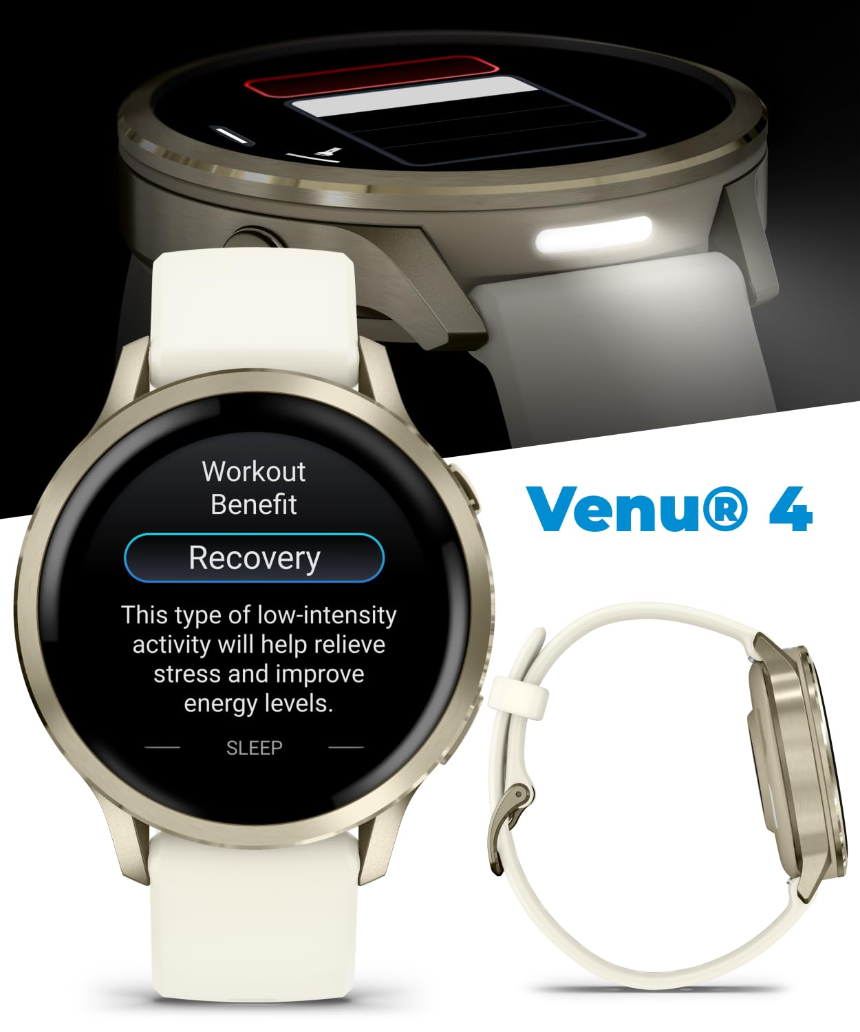 Garmin Venu 4 41mm AMOLED Advanced Health & Fitness GPS Smartwatch, Bright & Colorful Display, Built-in Flashlight, Up to 10 Days, Lunar Gold w/Bone Silicone Band w/Wearable4U PowerBank Bundle