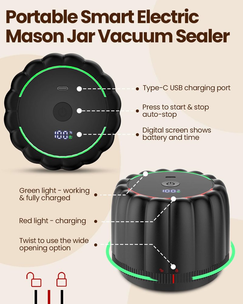 Snuuoby 2026 Upgraded Electric Mason Jar Vacuum Sealer Kit with Wide and Regular Mouth Mason Lids -80kpa Automatic Vacuum Pump 2500mAh Battery One Touch Canning Sealing Machine for Food Storage Black