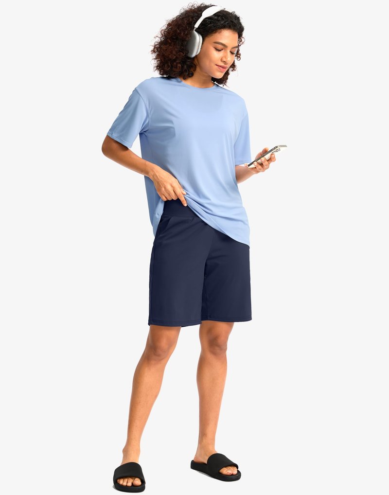G Gradual Women's Bermuda Long Shorts with Pockets 9" High Waisted Knee Length Shorts for Women Walking Athletic Workout(Navy,3XL)