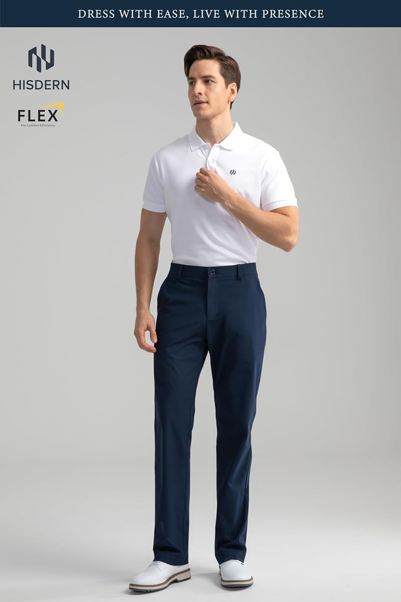HISDERN Flex 501 Golf Dress Pants for Men Navy Blue 32W x 30L No Iron Stretch Quick-Dry