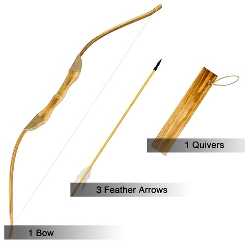 Youth Wooden Bow and Arrow Set, 40 Inch Handmade Wooden Bow and Arrow Cosplay Costume Prop Archery Set Games Toys, 1 Bows 1 Quivers and 3 Feather Arrows, Gifts for Kids Youth Boys and Girl