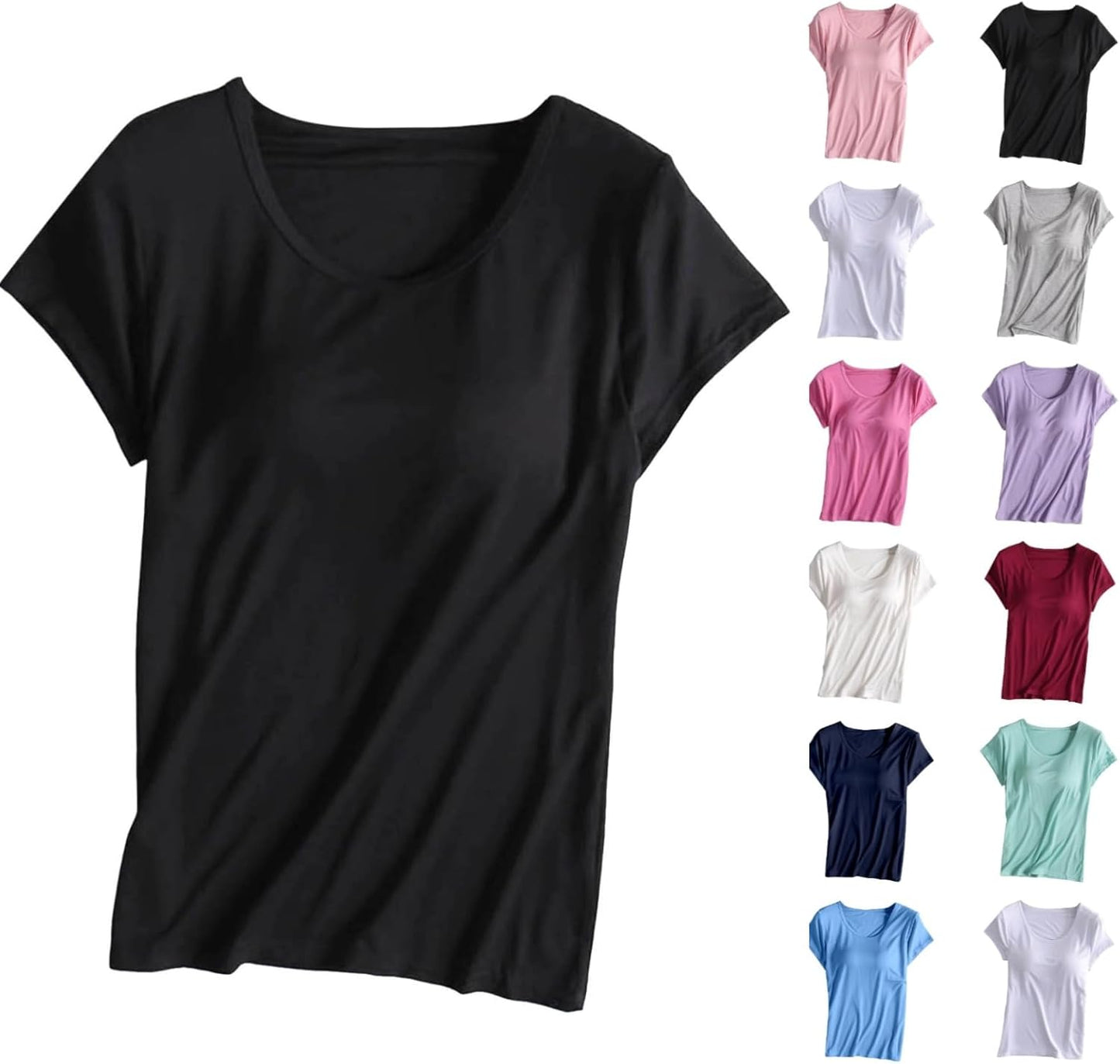 JiXiang Shirts with Built in Bras for Women Short Sleeves Crewneck Padded Tunics Tops Comfy Athletic Shelf Bra Active Tees