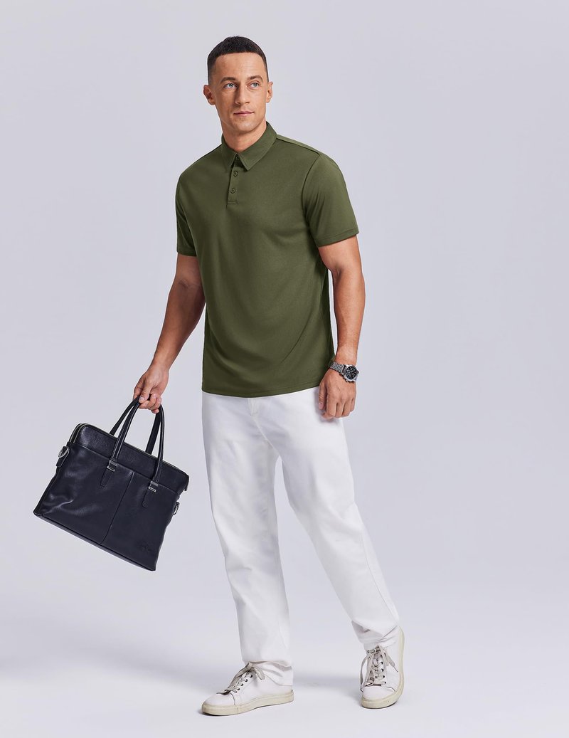 PINSPARK Mens Golf Shirt 3 Buttons Quick Dry Polo Shirts for Men Short Sleeve Casual Stylish Collared Polo Shirts Army Green