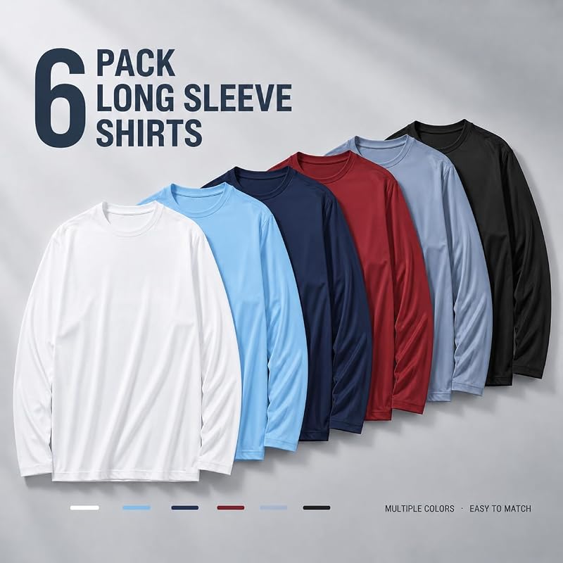 6 Pack Long Sleeve Sun Protection T-Shirts for Men – Quick Dry Sports Tee Set (Large)