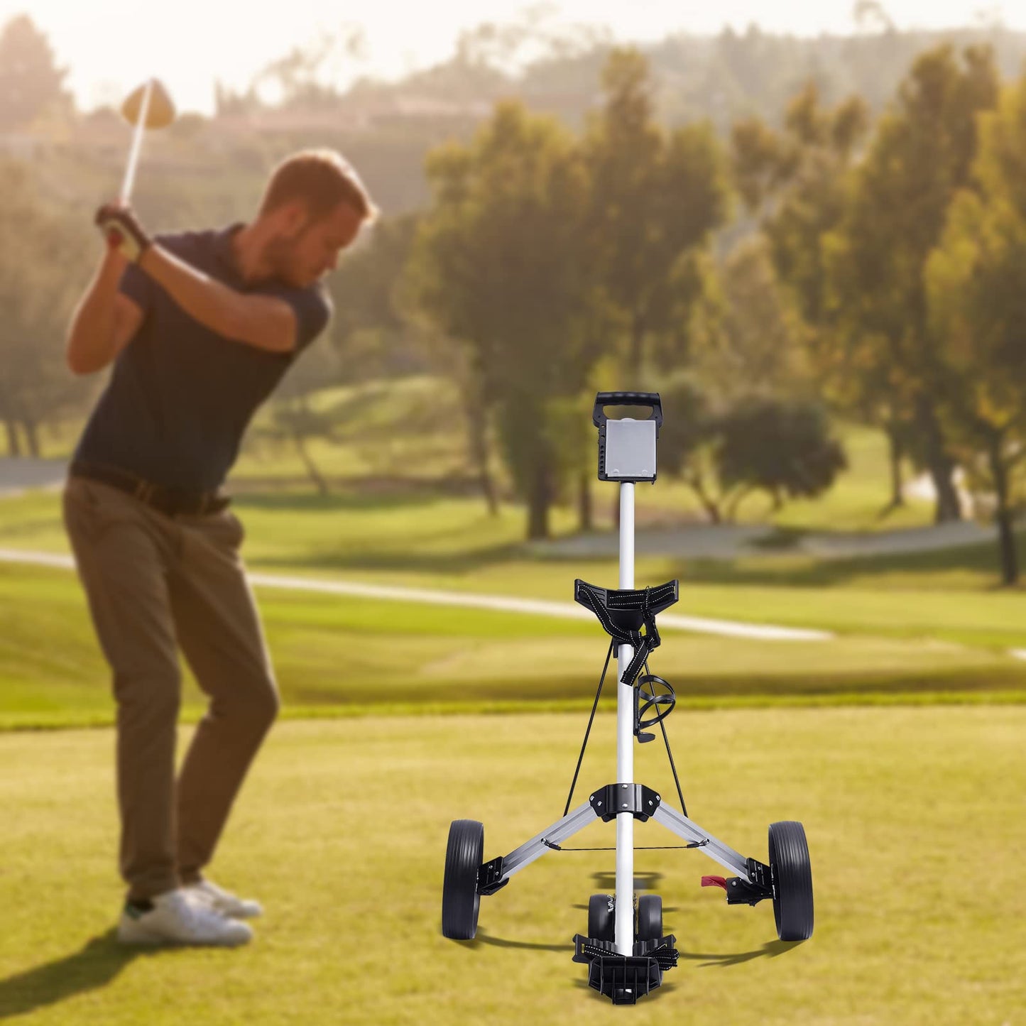 IOUSSJC Golf Push Carp, Golf Push Cart 3 Wheel, Folding Golf Cart for Most Teenagers and Adults As Well As Golf Courses, Gyms, Schools, Adjustable Straps
