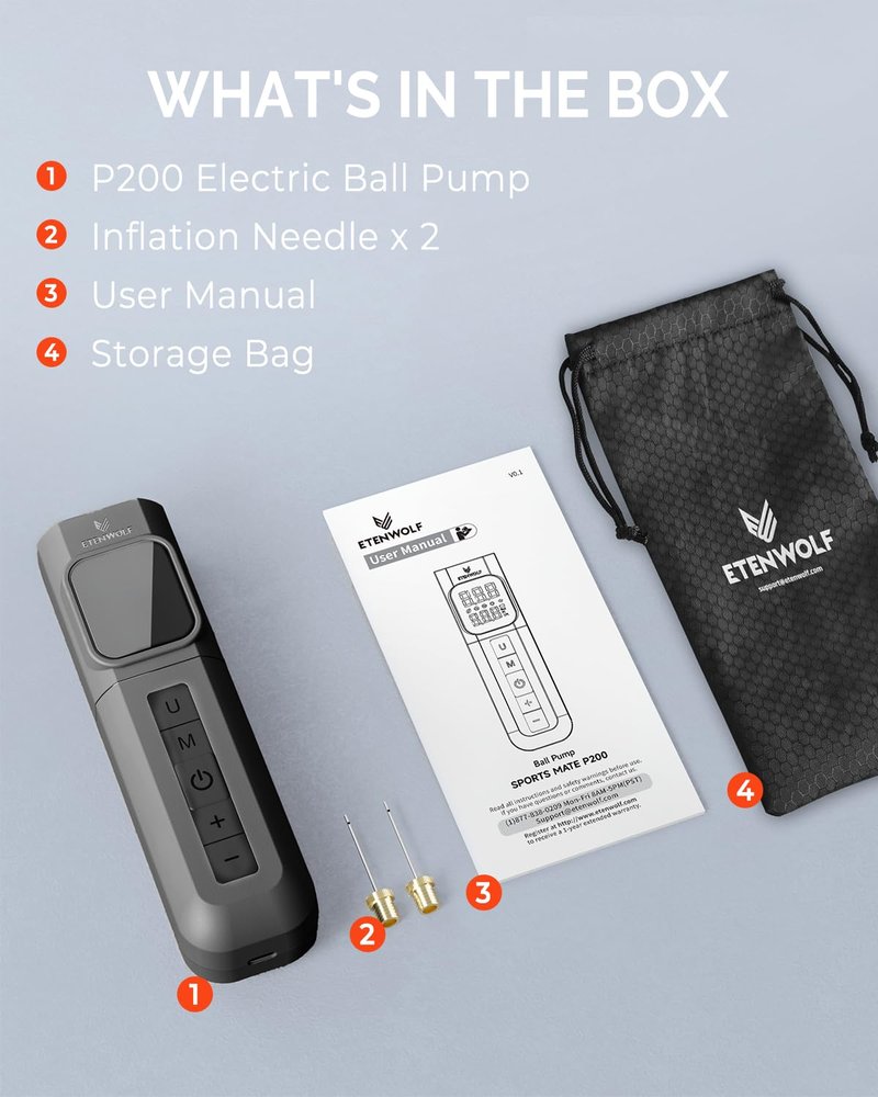 ETENWOLF P200 Electric Ball Pump 2000mAh Sports Air Pump with Digital Pressure Gauge for Basketball Soccer Volleyball (Black)