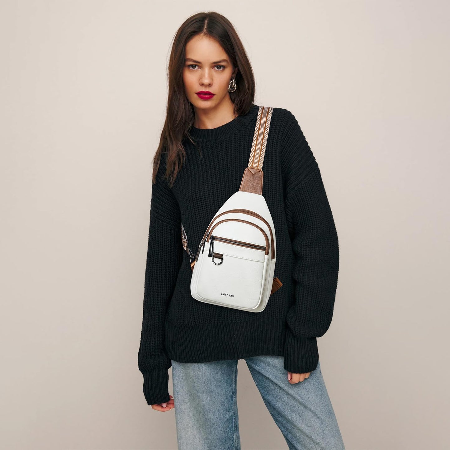Leresas Sling Bag for Women Crossbody Bags Fanny Packs Sling Purses Backpack Vegan Leather Over the Shoulder Bag Trendy Gifts Handbag Travel Purse Beige