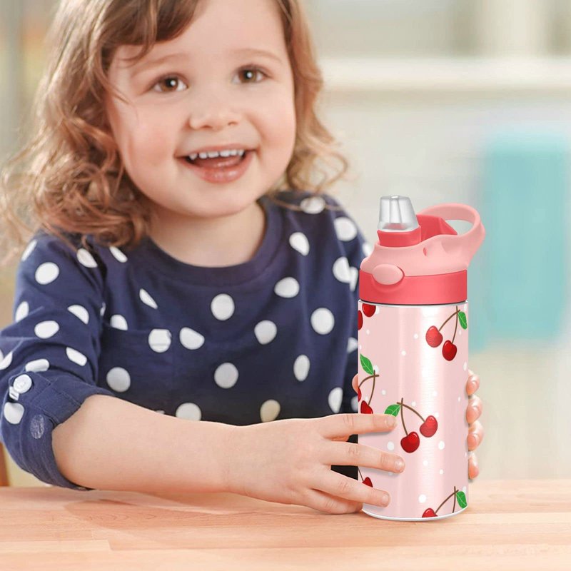 JUMBEAR Cherry Water Bottle with Straw Lid, Leakproof Double Walled Vacuum Insulated Stainless Steel Thermo Flask Travel Tumbler for Kids, Girls