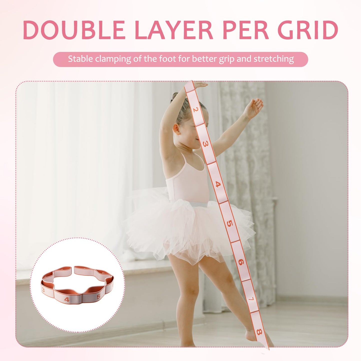 2 Pcs Stretch Bands for Flexibility, Resistance Kids Ballet Dance Exercise Band Stuff Adjustable Stretching Yoga Straps with 8 Loops for Children's Pilates Latin Yoga Equipment (Light Pink)