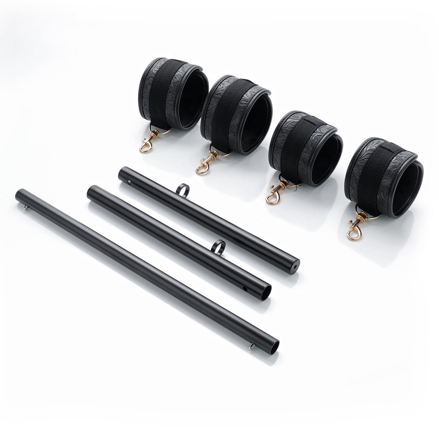 3 in 1 Heavy Duty Stainless Steel Expandable Silver Spreader Bar with 4pcs Furry Purple Adjustable Straps,Workout Bar for Home Gym,Portable Detachable Pilates Kit (Black+Black Embossed PU Kit)