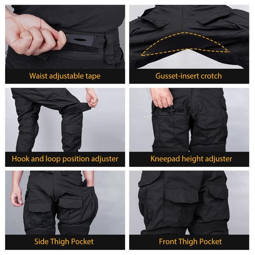 IDOGEAR Men's G3 Combat Pants with Knee Pads Multi Camouflage Trousers Airsoft Hunting Paintball Tactical Outdoor Pants (Black,32W x 32L)