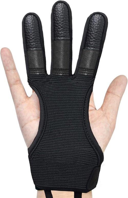 Rimaya Archery Protective Glove 3 Finger Design for Adult and Youth - Breathable Fabric, Leather Finger Tips, Adjustable Velcro Strap (Small)