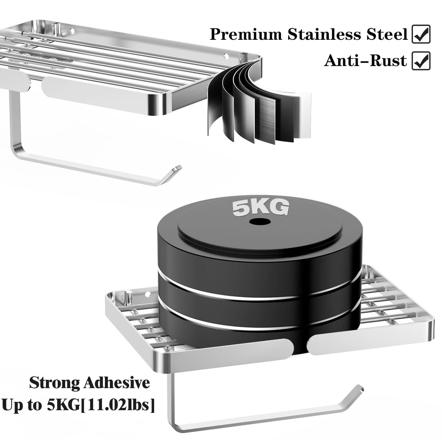 Toilet Paper Holder with Wipes Holder, Self Adhesive Toilet Rolls Holder Without Drilling, Rustproof Stainless Steel