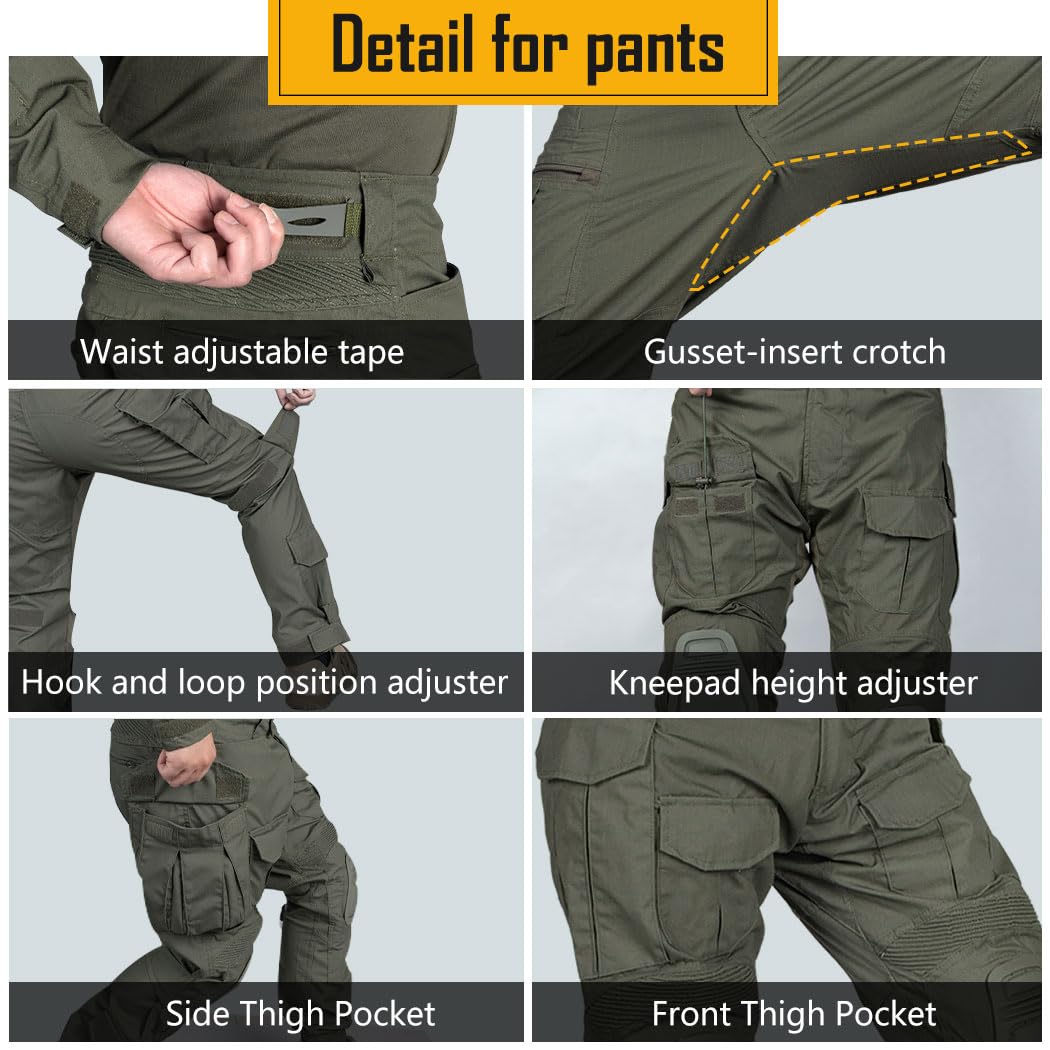 IDOGEAR Men G3 Assault Combat Uniform Set with Knee Pads and Elbow Pads Multi-Camo Camouflage BDU Clothing Tactical Airsoft Hunting Paintball Gear (Ranger Green, Medium)