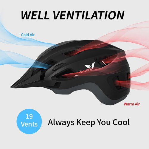 Veltuno Bike Helmet for Adults, Lightweight Mountain Bicycle Helmet with USB Rechargeable LED Rear Light, Removable Sun Visor for Women, Men, Suitable for Cycling and Commuting (Black, Large)