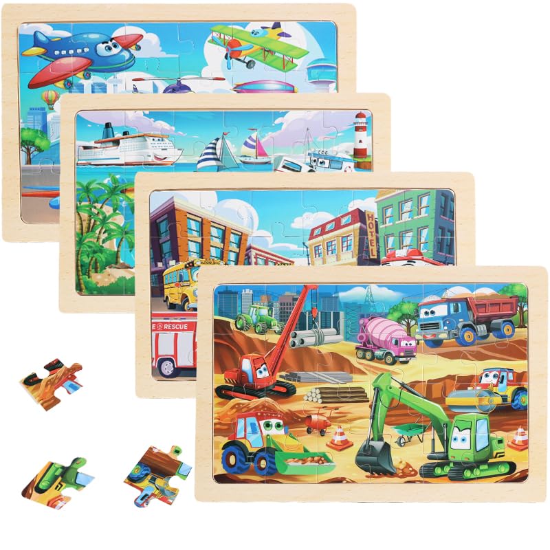 Wooden Puzzles for Kids Ages 4-6 - 24 Piece Vehicle Construction Set - Mixed Style