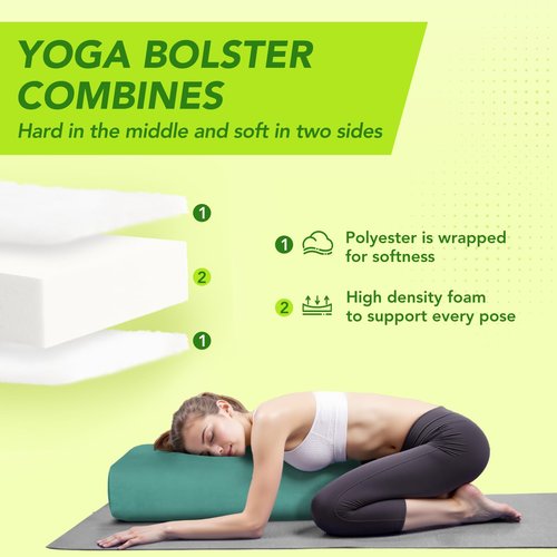 Wellsin Yoga Bolster Pillow for Restorative - Yoga Meditation Pillow with Washable Suede Cover, 27"X10" X5.5", Green