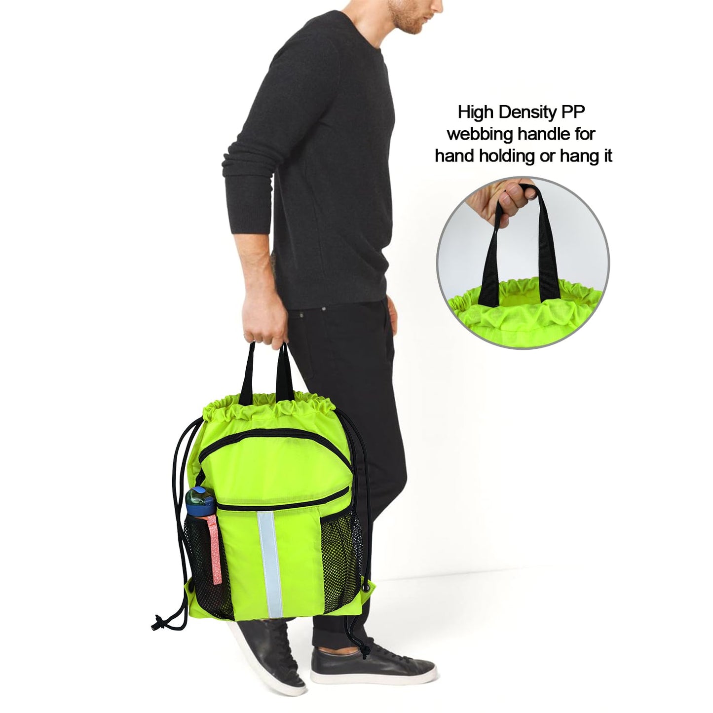 BeeGreen Yellow Drawstring Backpack with Shoe Compartment X-Large Gym Sports String Cinch Backpack Athletic Sackpack with Front Inside Zipper Pockets