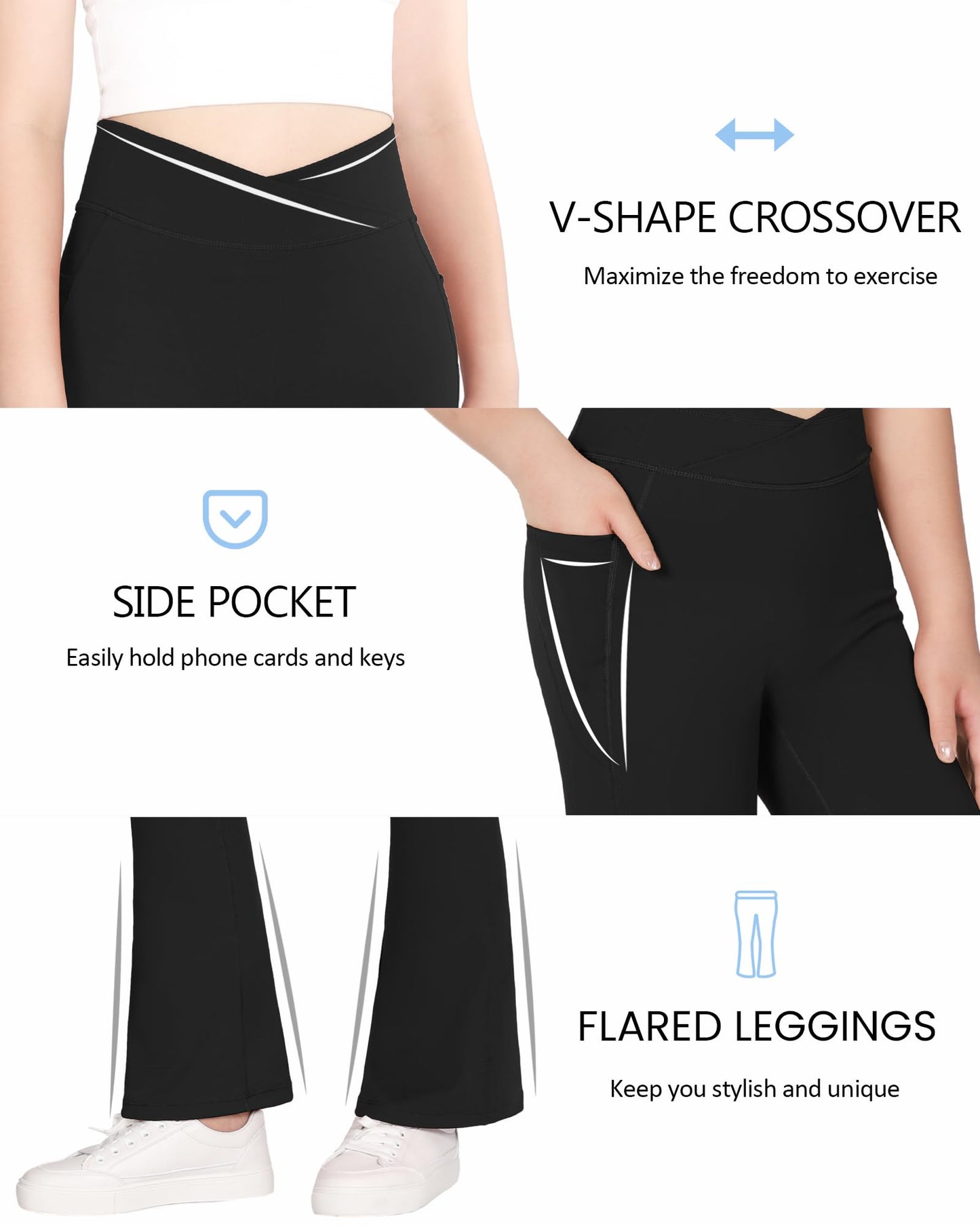 JOCMIC Girls Flare Leggings Kids Bell Bottom Pants Cross High Waisted Dance Yoga Flared Leggings Black 11-12 Years