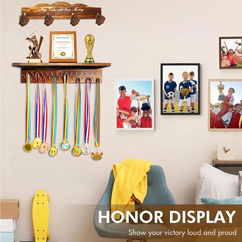 BILYSKEP 20'' Medal Hanger Display Trophy Shelf with Hooks Wooden Medal Holder for Wall Mount Ribbon Trophy Shelf Gift for Gymnastics Running Race Soccer Awards/Trophy