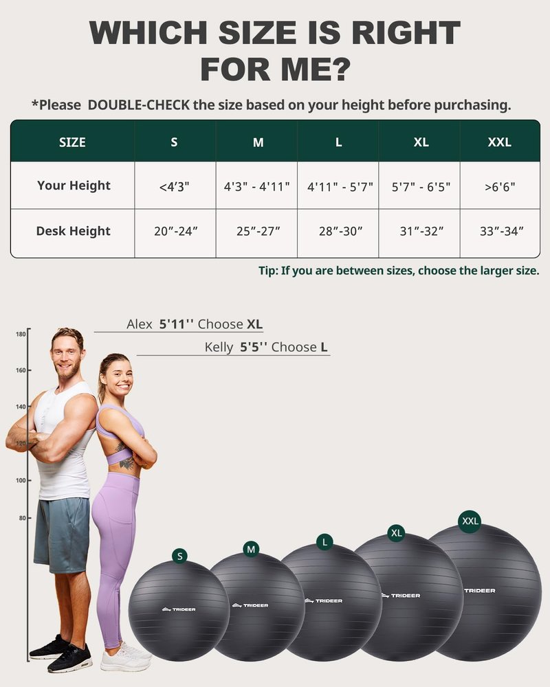 Trideer Extra Thick Yoga Ball Exercise Ball, 5 Sizes Ball Chair, Heavy Duty Swiss Ball for Balance, Stability, Pregnancy and Physical Therapy, Quick Pump Included (Black, M(19-22ines/48-55cm))