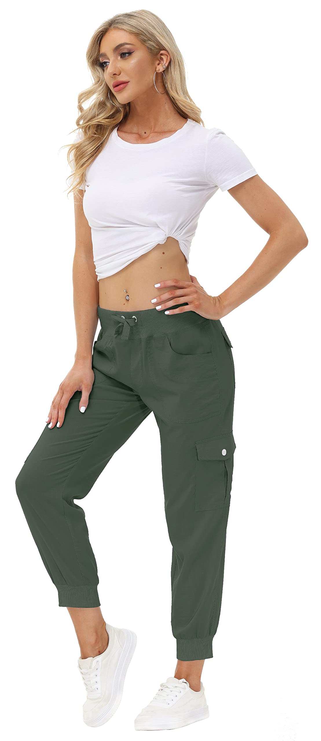 MoFiz Women's Hiking Pants Cargo Joggers Sweatpants with Pockets Lightweight Quick Dry Outdoor Summer Casual Athletic Elastic Waist Army Green S