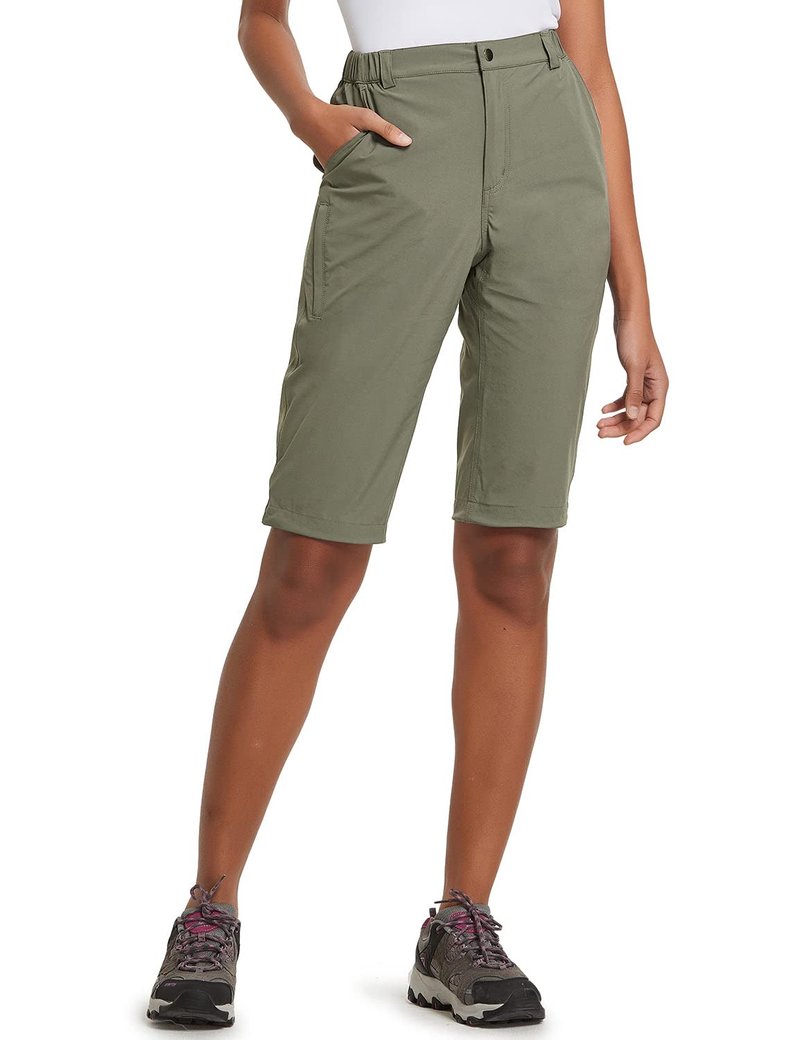 baleaf Women's Hiking Shorts Bermuda Long Knee Length Quick Dry Stretch Elastic Waist for Camping, Travel Sage Green Size S