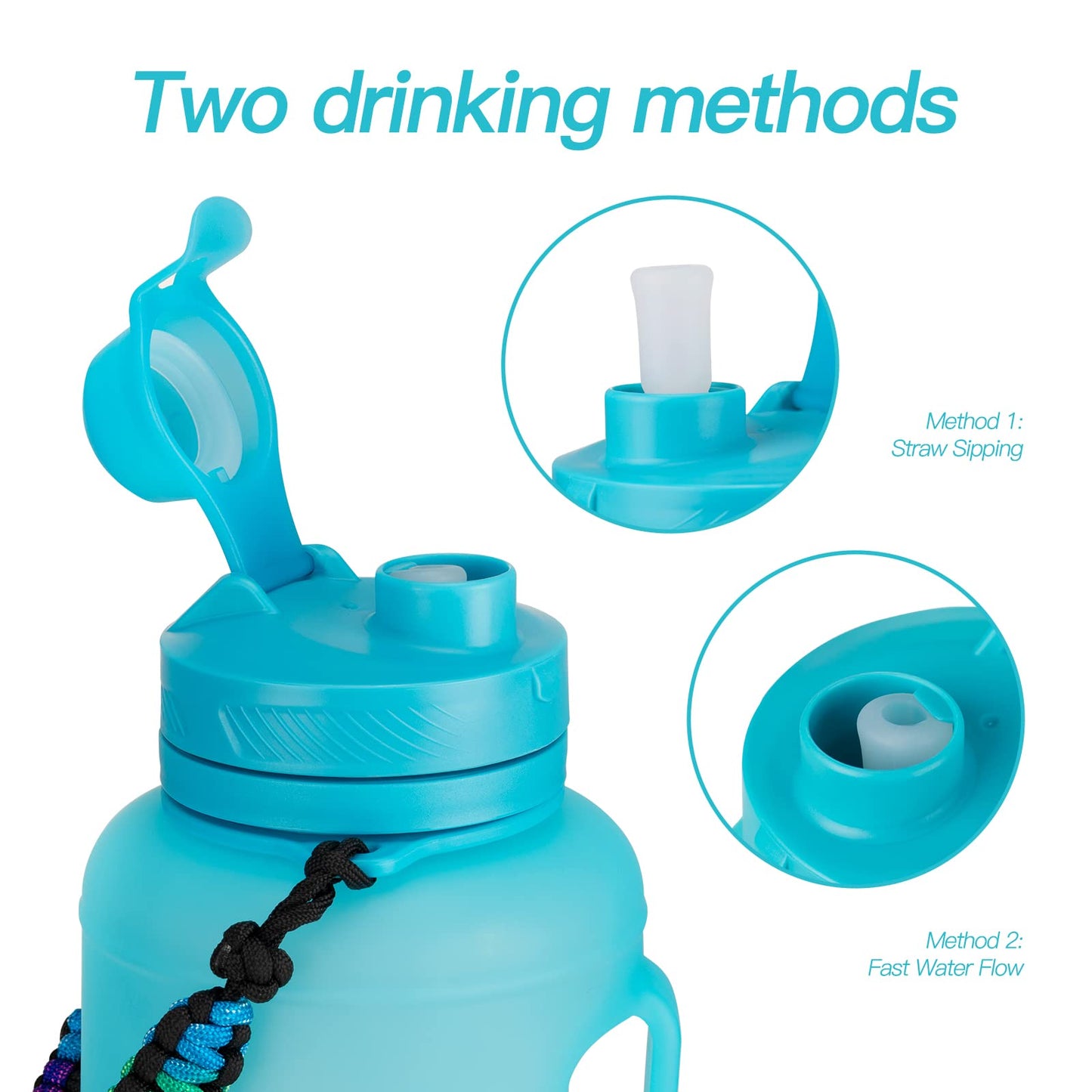 TakeToday 68 oz Collapsible Water Bottles With Straw, Half Gallon Water Bottle With Motivational Time Marker, Large Reusable Silicone Water Jug With Paracord Handle For Sports, Outdoors (Blue)