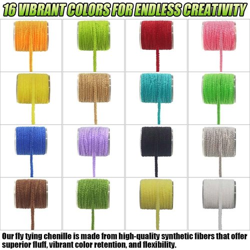 LURELINK Chenille Fly Tying Materials 16-Color Kit Fly Tying Supplies for Crappie Jigs, Wooly Buggers, Streamers (Standard Chenille -16 Color Set)