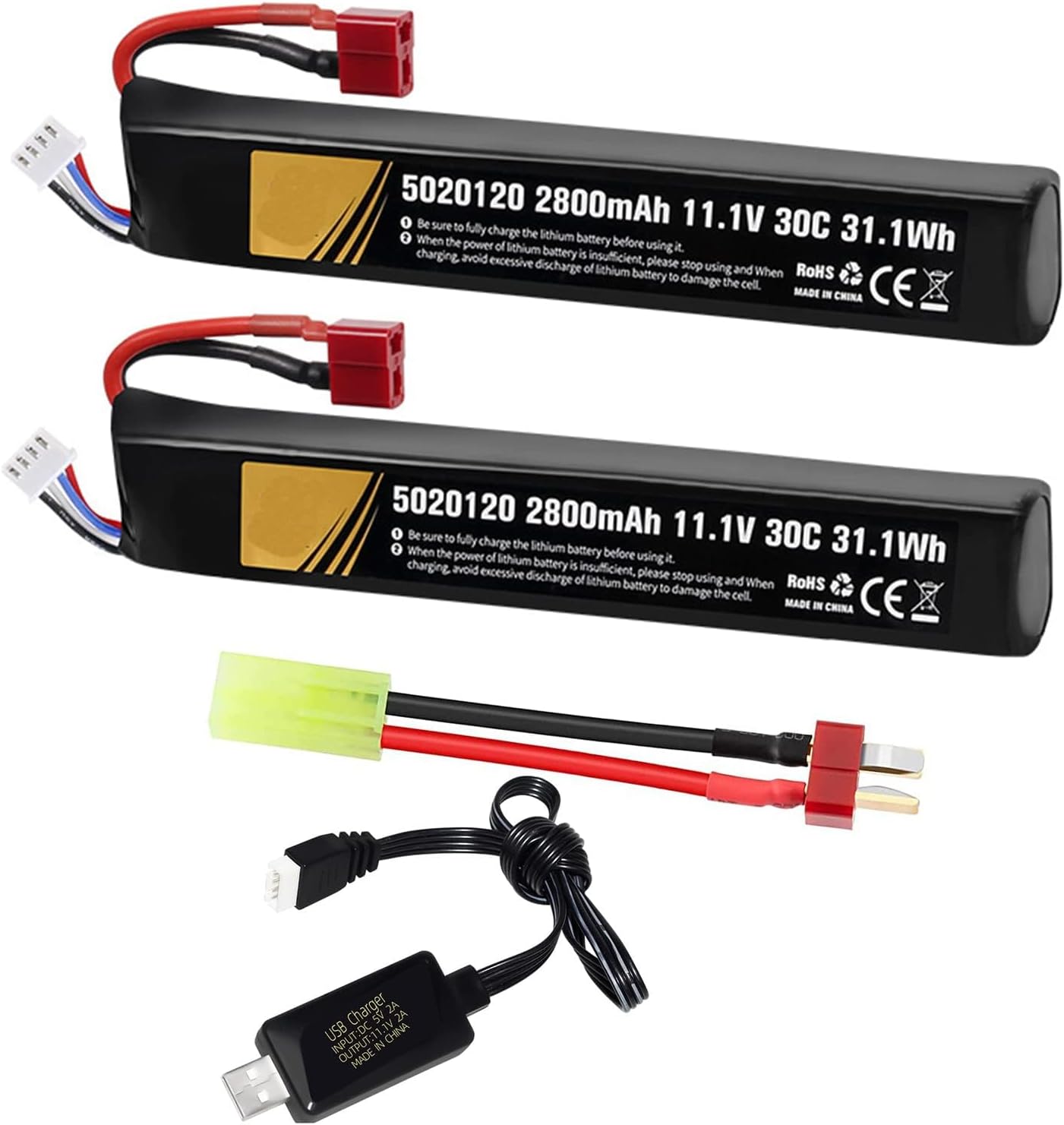 11.1V airsoft batteries 30C 2800mAh lipo battery airsoft T Plug with USB Charger T Plug to Mini Tamiya Cable Rechargeable Batteries for Airsoft gun Model splatrball gel blaster accessories-2pcs