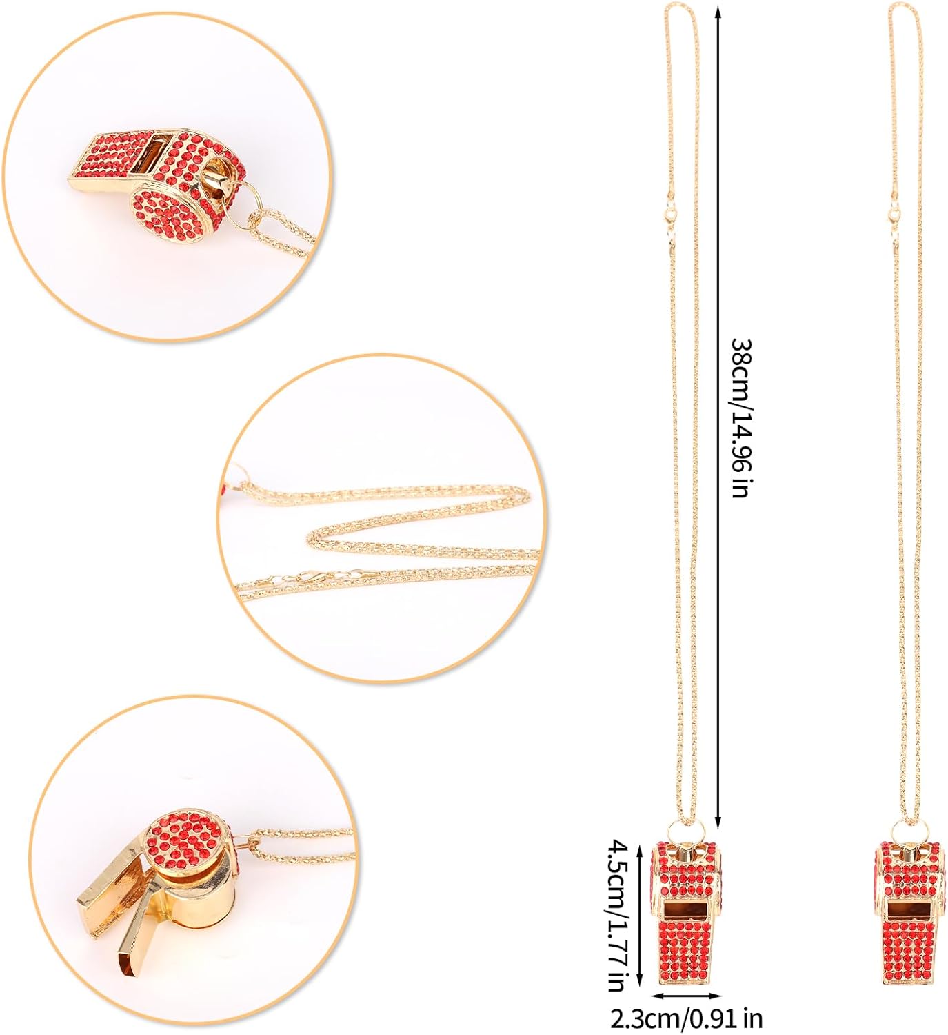 2pcs Bling Whistle, Metal Crystal Rhinestone Whistles Loud Crisp Sound Sports Whistle with Chain Lanyard Gifts for Teacher Referee Official Lifeguard Basketball Training (Gold, Red)