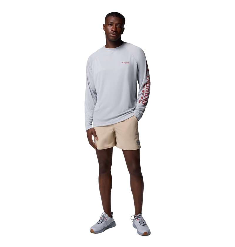Columbia Men's PFG Terminal Tackle Long Sleeve Fishing Shirt, Cool Grey/Dusty Crimson Logo, Large