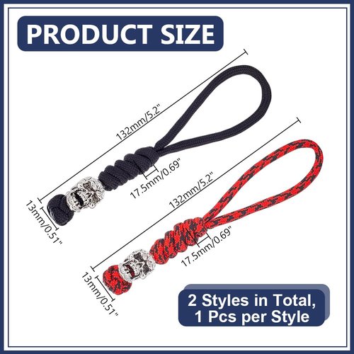 HOBBIESAY 2PCS EDC Knife Parachute Lanyards Tactical Knife Paracord Ropes Skull Parachute Lanyards Paracord Pocket Knives Lanyard Red and Black Braid Parachutes Lanyard for Knives Attachment Gadget