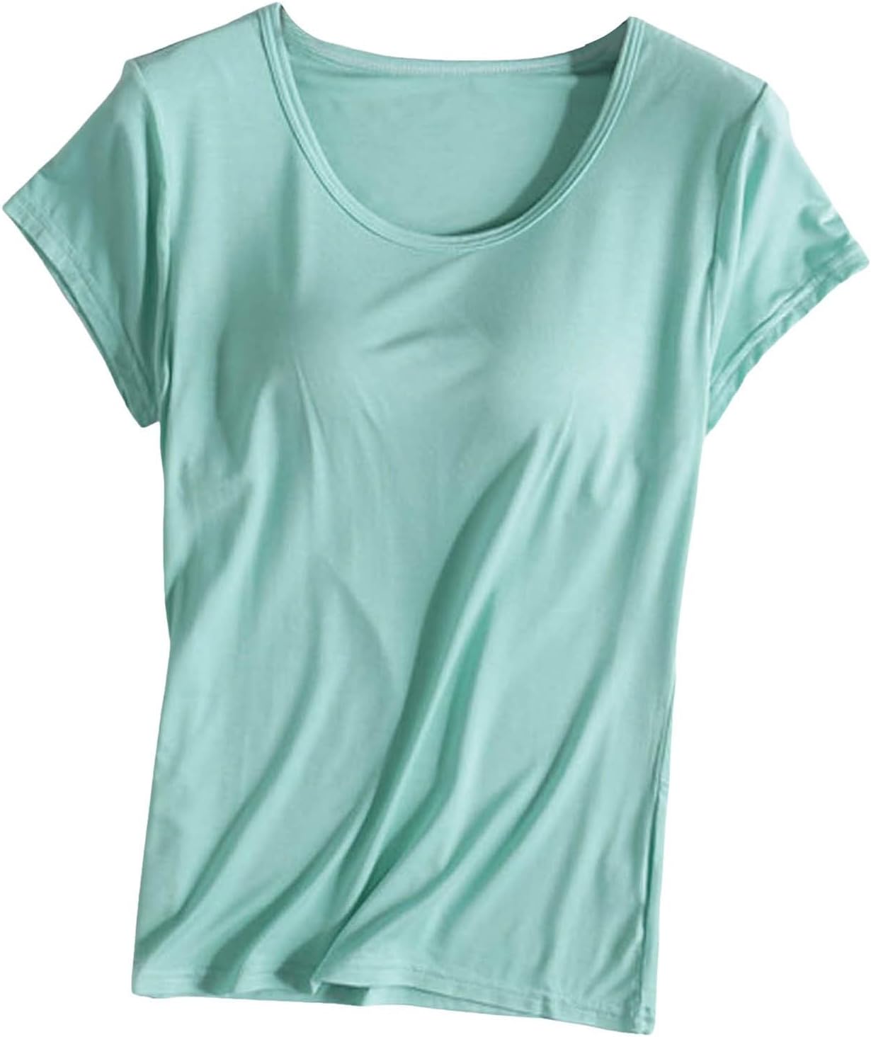 JiXiang Shirts with Built in Bras for Women Short Sleeves Crewneck Padded Tunics Tops Comfy Athletic Shelf Bra Active Tees