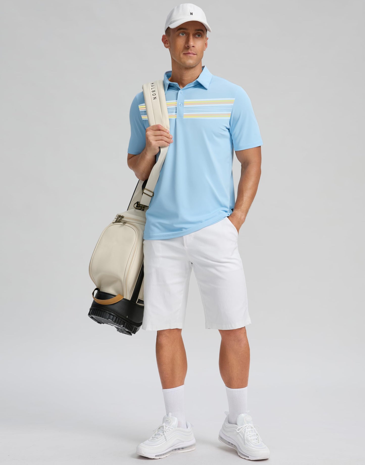 G Gradual Men's Golf Shirts Quick Dry Moisture Wicking Performance Short Sleeve Collared Polo Shirts for Casual Athletic Business (Light Blue Stripes, M)