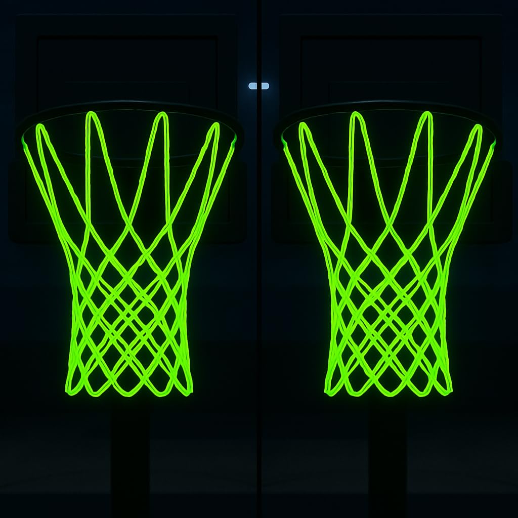 2PCS Glow in The Dark Basketball Net - Heavy Duty Outdoor Nightlight Light Up Basket Ball Hoop Net Replacement - Nylon Net Anti-Whip 12 Loops for Pool Beach Backyard - Sports Stuff Accessories Gifts