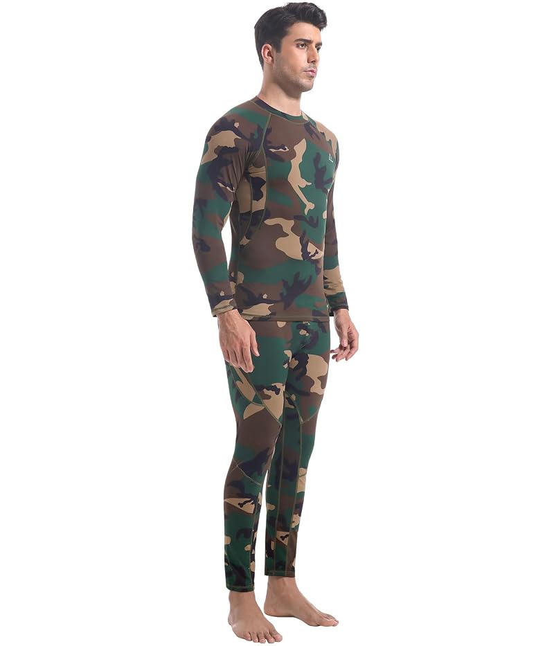 Men's Thermal Base Layer Set - Long Johns, Fleece 95% Polyester 5% Spandex, Camouflage Green, Large