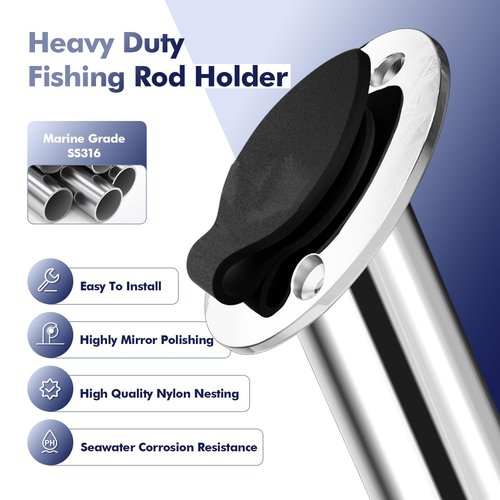 2 Pack of Fishing Rod Holder, 30 Degree Rod Holders Stainless Steel Rubber Cap, Liner, Gasket