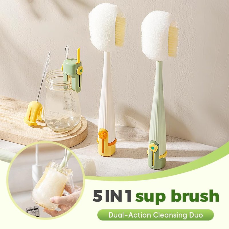 5 in 1 Bottle Cleaning Brush Set, 2025 Multifunctional Lid Brush Cleaning Tool Kitchen, Portable Long Handle Bottles Scrubber for Cup Lids, Hard Bristle Sponge Head Bottle Brushes (Green)