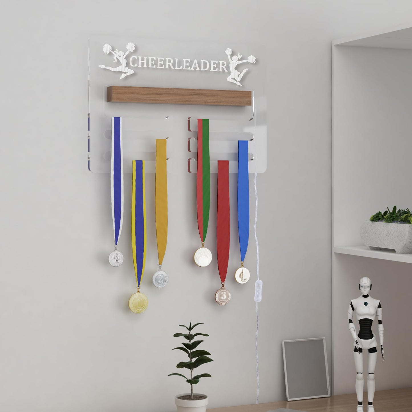 Ammonite Light up Cheerleader Medal Hanger Display, Holder Rack for Awards or Ribbons, Sports Themed Ribbon Holder for Wall, Tiered Award Rack