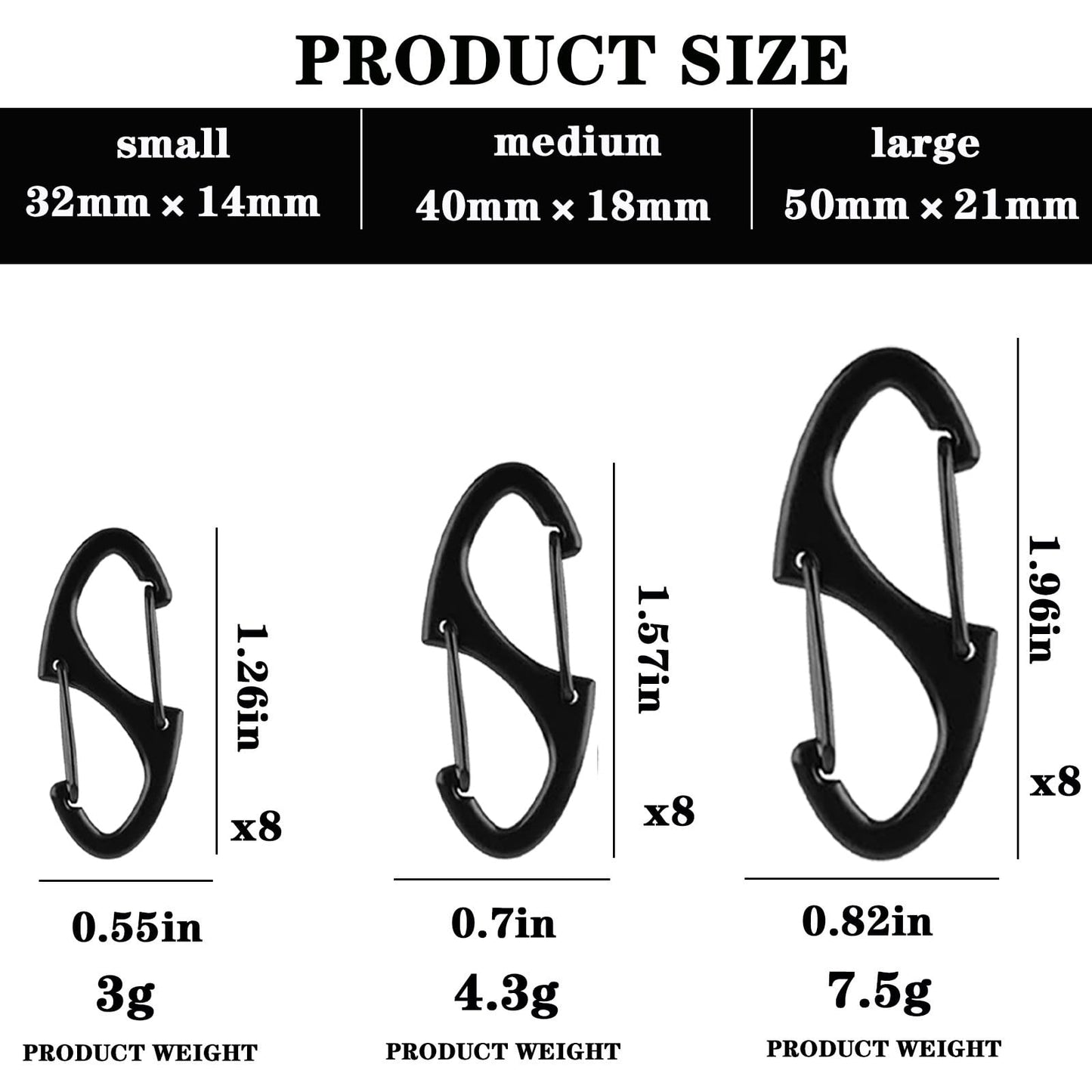 24pcs Small Carabiner Clip, S Clips Dual Opening Design, Replacement Mini Carabiner Clip (Black, 3 Sizes)