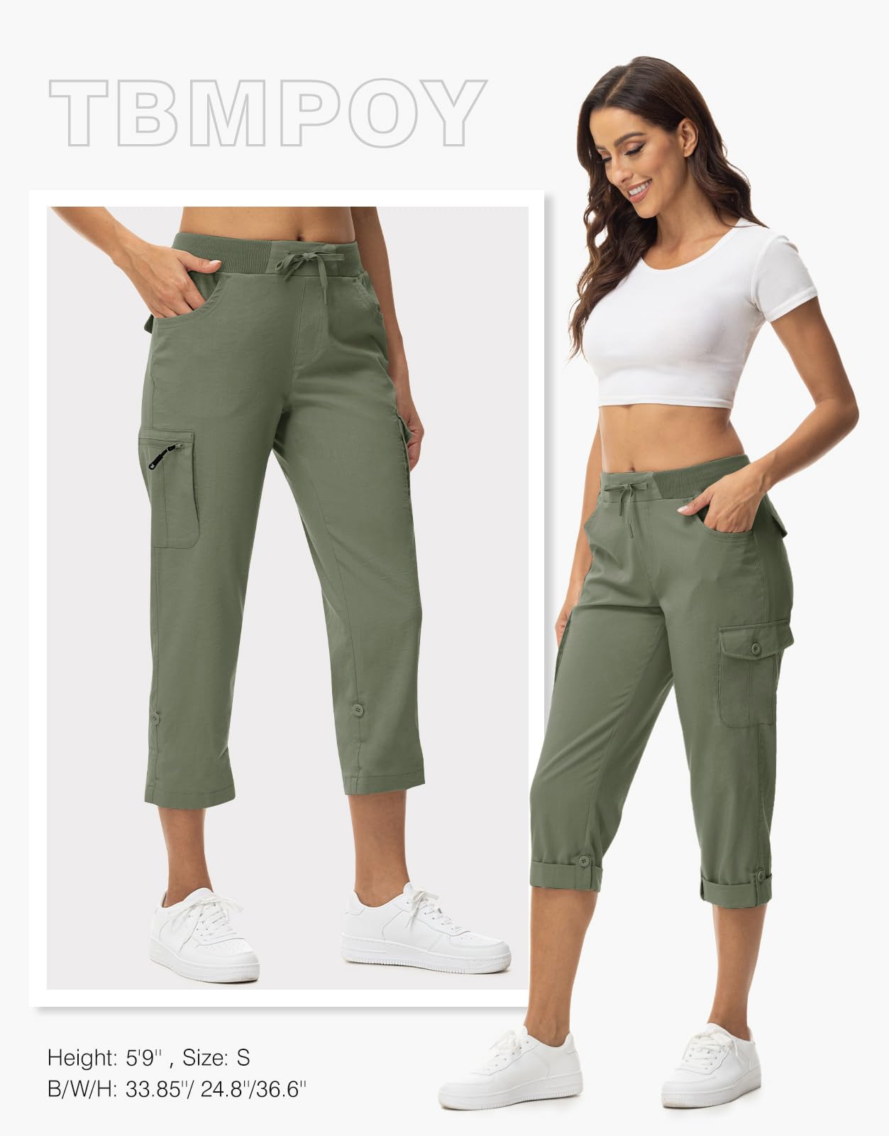TBMPOY Womens Cargo Capris with Pockets Lightweight Hiking Capris Pants Quick Dry Casual Cropped Pants Summer Trip Cotton Army Green L