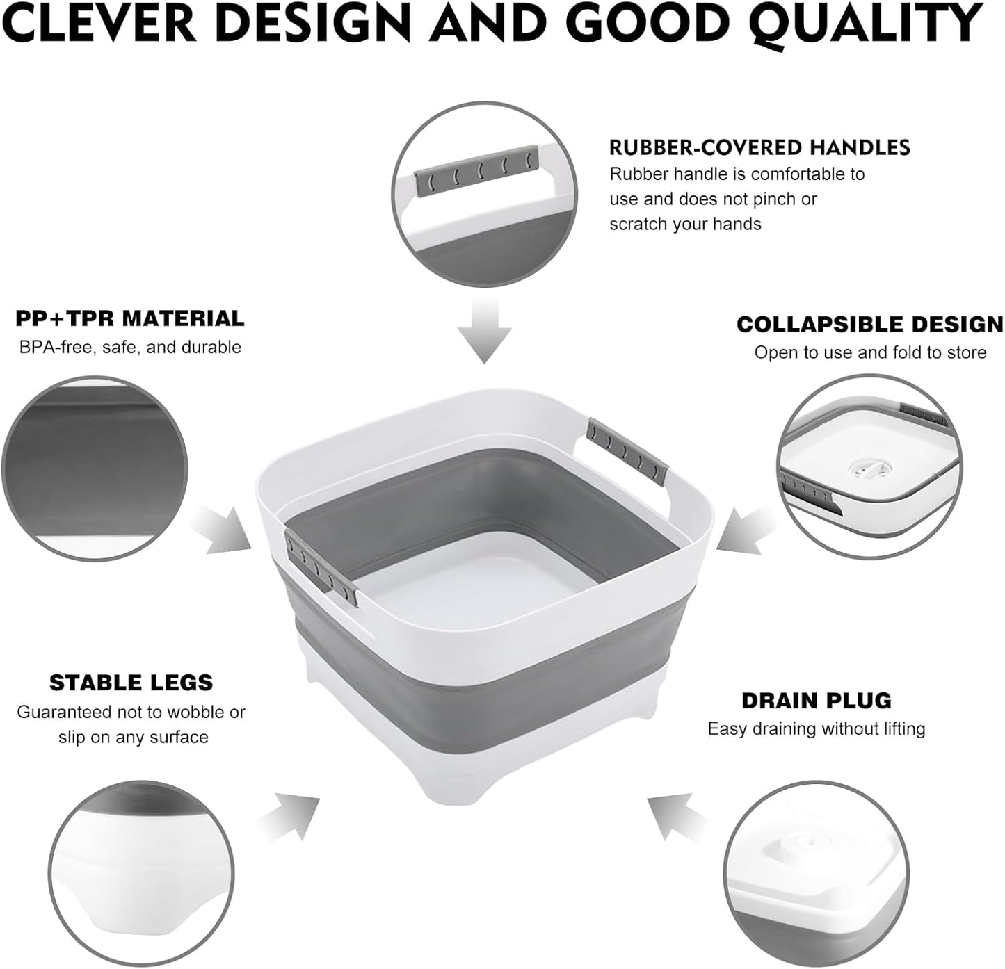 2.4Gal (9L) Collapsible Wash basin With Drain Plug, Suitable For Kitchen Sinks/Outdoor Camping/RV Use, Space-Saving, Highly Portable Washbasin Ideal For Travel (Gray)
