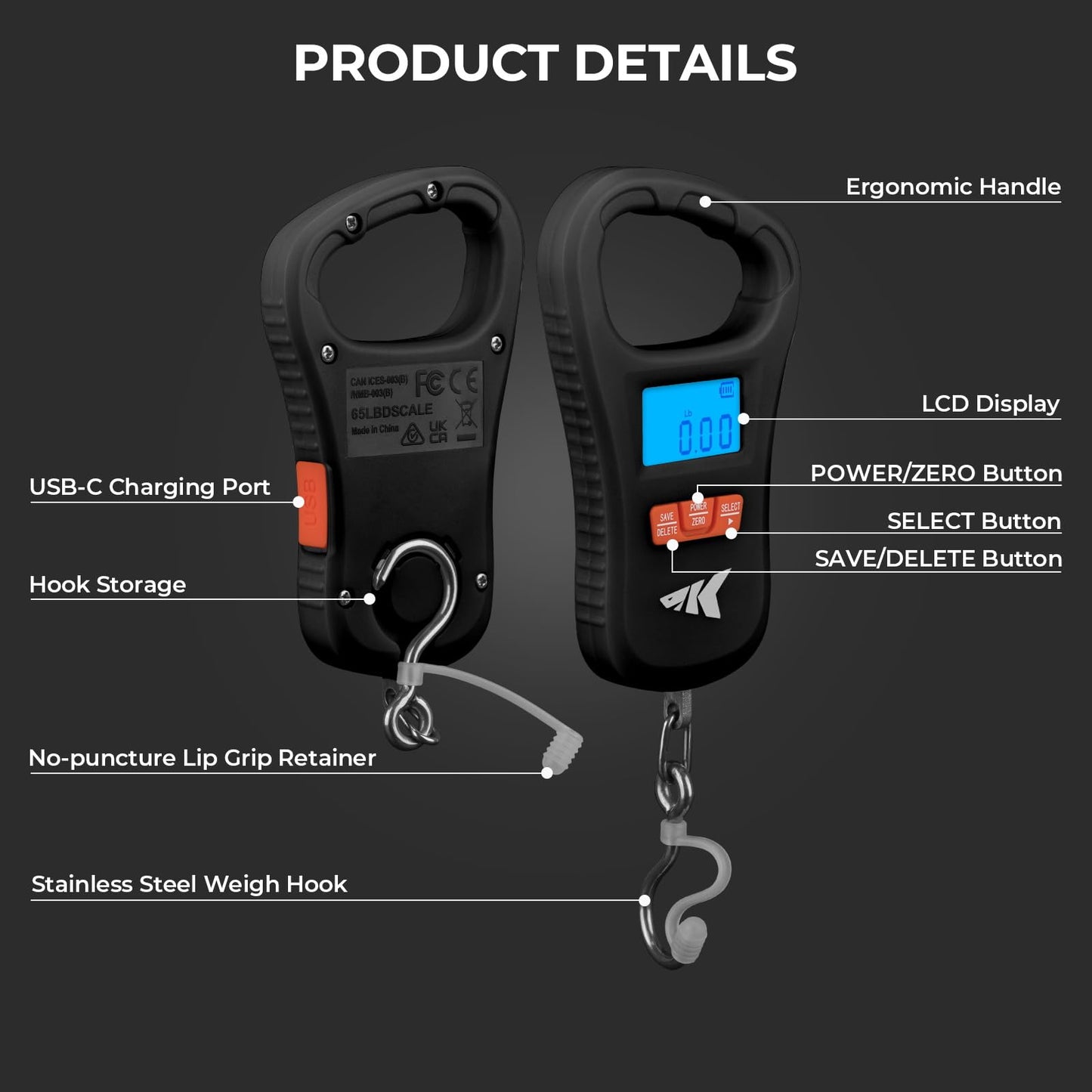 KastKing ToughTide Fishing Scale, USB Charging, 65lb Capacity, Ultra-Thin Digital Fish Scale, LCD Display, Ergonomic Handle, Fish Scales Digital Weight, Fishing Accessories for Men, Black