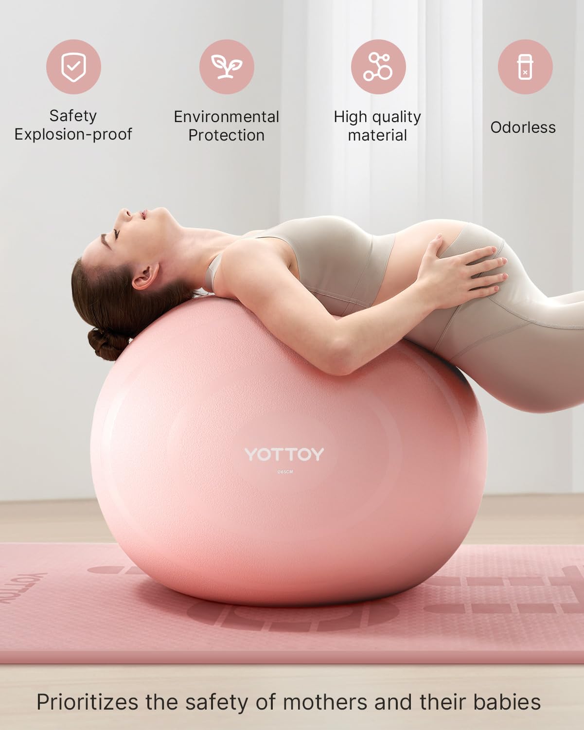 YOTTOY Exercise Ball for Working Out, Anti-Burst Yoga Ball for Pregnancy,Extra Thick Workout Ball with Electric Air Pump, pink