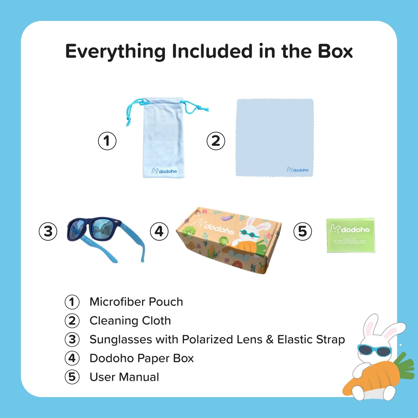 Dodoho Age 2–5 Polarized Kids Sunglasses UV400 Protection for Boys & Girls - Adjustable Strap, Flexible, Lightweight, BPA-Free Frame, Wayfarer Design, Beach & Travel Essentials for Kids (Matt Blue)
